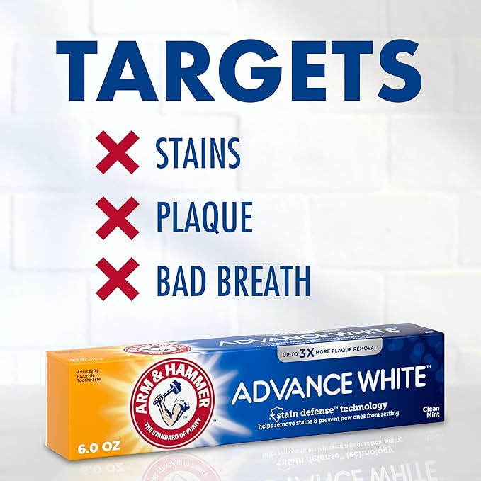 ARM & HAMMER Advance White Toothpaste, Teeth Whitening Baking Soda Toothpaste with Stain Defense Technology and Fluoride, Clean Mint Flavor, 6.0 Oz (Pack of 24)