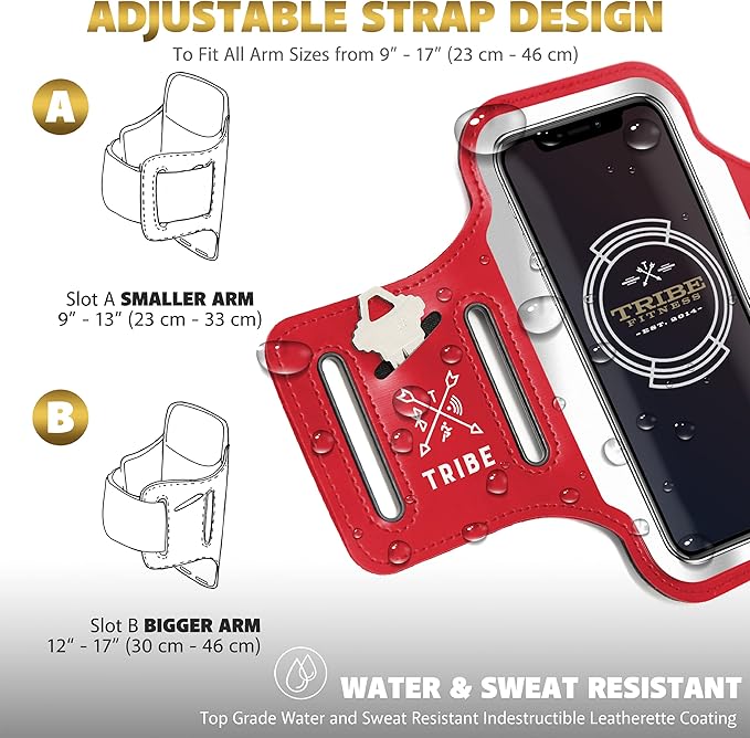 TRIBE Running Phone Holder Armband. iPhone & Galaxy Cell Phone Sports Arm Bands for Women, Men, Runners, Jogging, Walking, Exercise & Gym Workout. Fits All Smartphones. Adjustable Strap, CC/Key Pocket-StrideForce Fitness