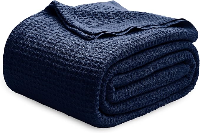 Bedsure 100% Cotton Blanket Queen Size for Bed - Breathable and Soft, Waffle Weave Blanket for Summer, Thick Cozy Fall Blankets for Women Gift, Pageant Blue, 90x90 Inches-StrideForce Fitness