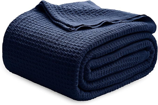Bedsure 100% Cotton Blanket Queen Size for Bed - Breathable and Soft, Waffle Weave Blanket for Summer, Thick Cozy Fall Blankets for Women Gift, Pageant Blue, 90x90 Inches-StrideForce Fitness