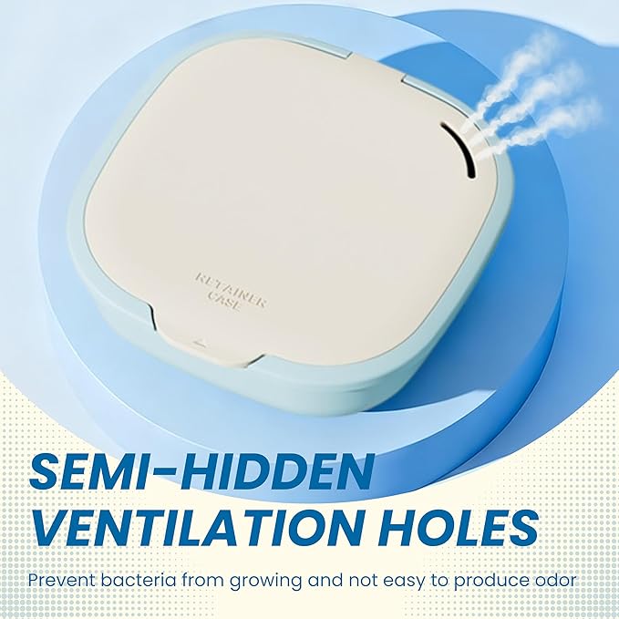 Retainer Case with Mirror and Vent Holes, Cute Slim Aligner Case Compatible with Invisalign, Magnetic Closure Orthodontic Case for Retainers and Mouth Guards (Beige & Blue)