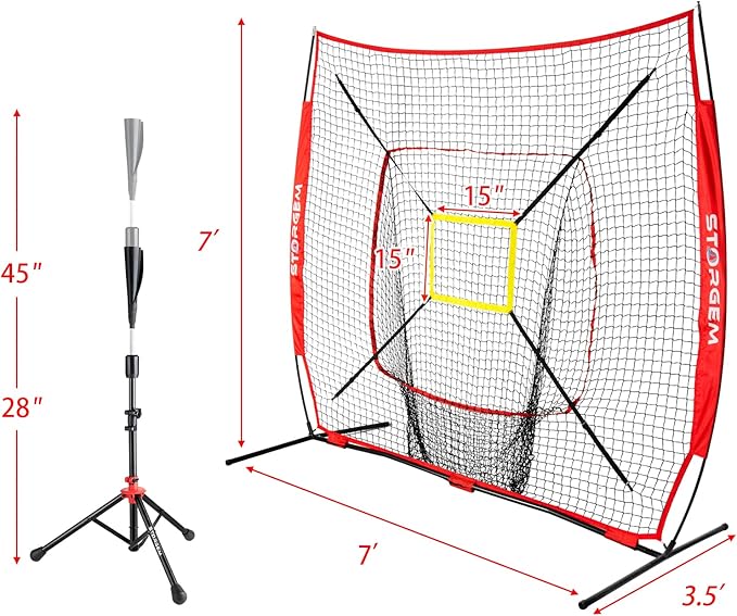 Storgem Baseball and Softball Practice Net 7×7ft Portable Hitting Pitching Batting Training Net Baseball Backstop Net with Batting Tee and Strike Zone and Bow Frame-StrideForce Fitness