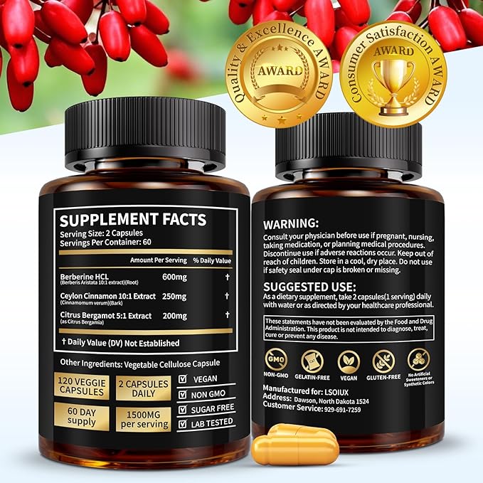 Premium Berberine Supplement Supports AMPK Metabolic, Liposomal Berberine with Ceylon Cinnamon - Classic 1500mg Formula for Healthy Metabolism & Weigh*t - 3X Absorption - Vegan, Non-GMO, 120 Count-StrideForce Fitness