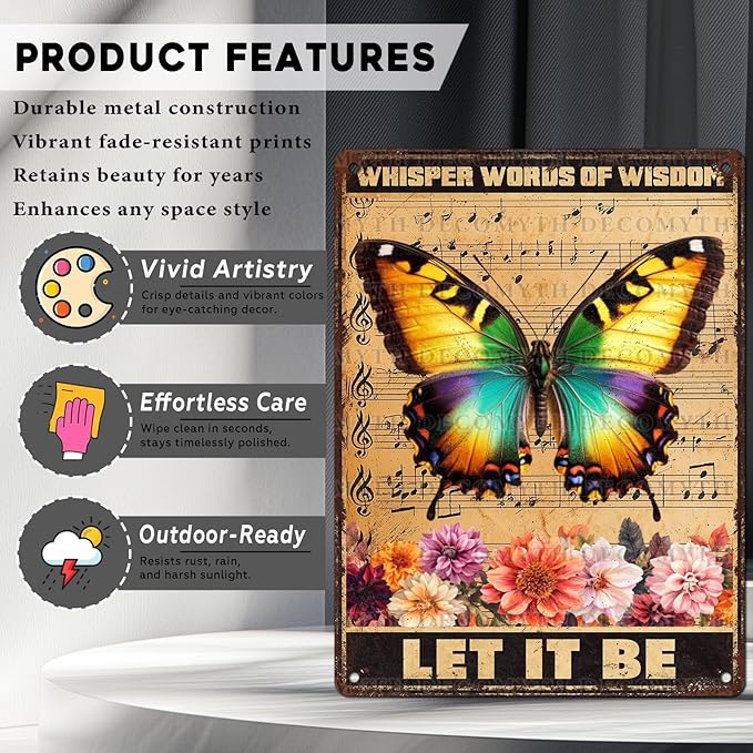 Vintage Garden Tin Sign Whisper Words Of Wisdom Let It Be Retro Butterfly Metal Poster Funny Wall Art Cafe Office Wall Decor for Kitchen Home Bar Pub Club 12 * 16inch-StrideForce Fitness