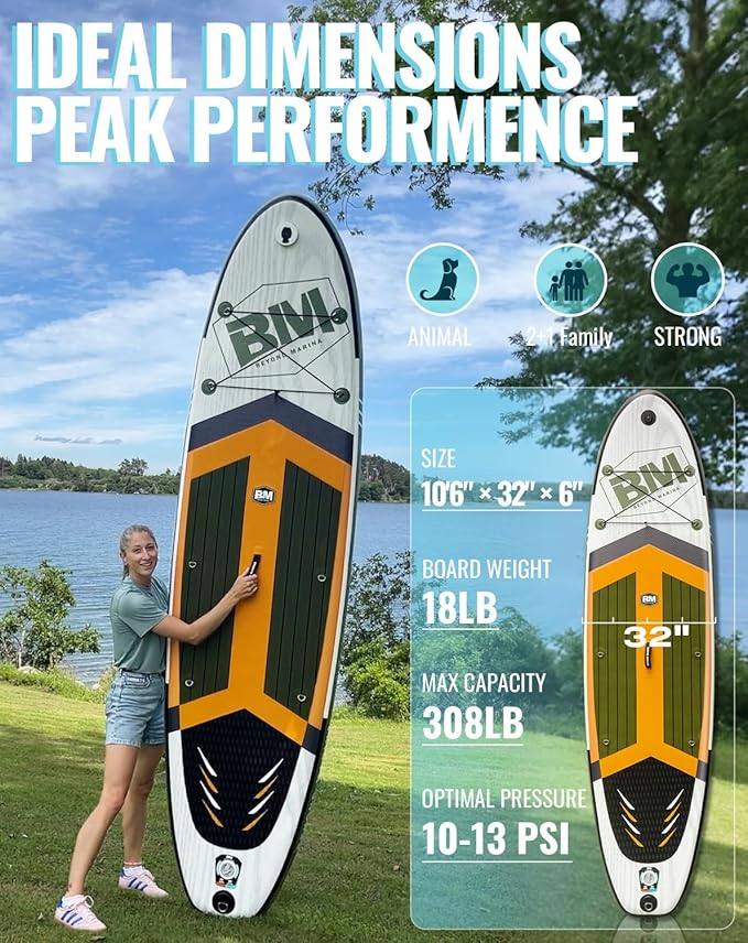 BM Paddle Board Inflatable Stand Up Paddle Board, SUP Paddleboard for Adult, Premium Accessories | Non-Slip EVA Deck & Foam Handles, Camera Mount, Double Action Pump, 85L Travel Backpack-StrideForce Fitness
