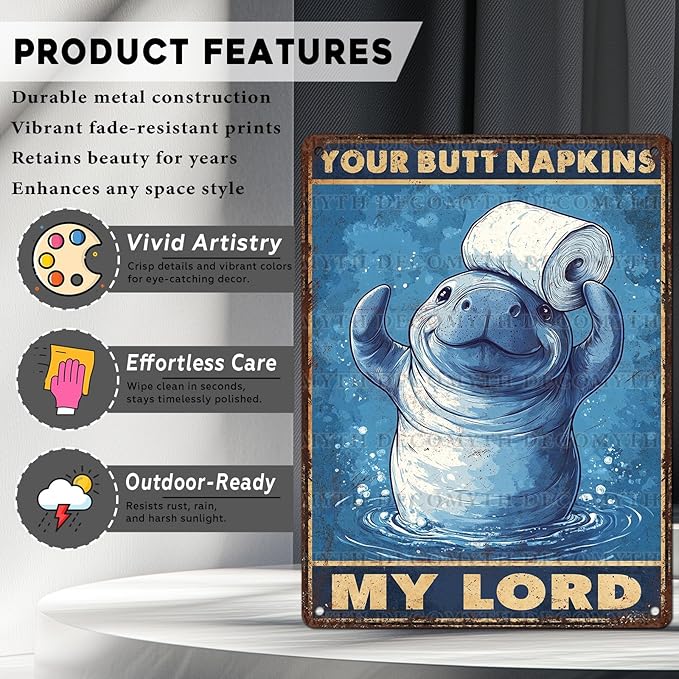 Vintage Manatee Tin Sign Your Butt Napkins My Lord Retro Bathroom Metal Poster Funny sea Cow Wall Art Toilet Man Cave Bar Cafe Indoor Room Garage Store Office 12 * 16inch-StrideForce Fitness