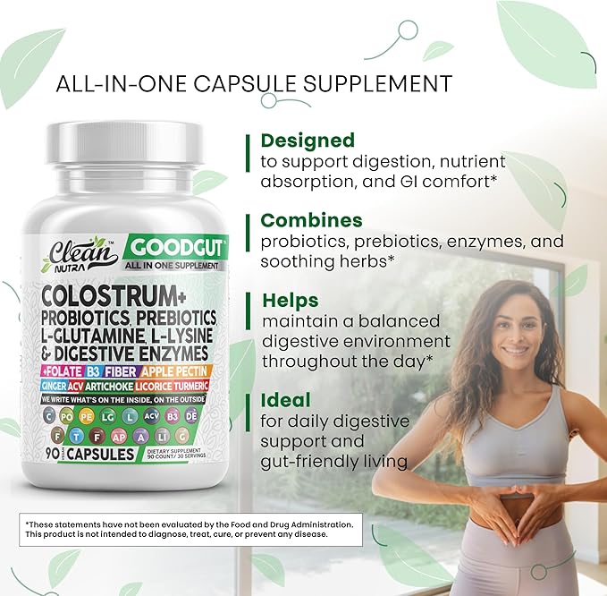 Clean Nutraceuticals Colostrum Supplement Capsules Probiotics Pills Prebiotics, L-Glutamine, Digestive Enzymes, Folate, Fiber, ACV, Turmeric, Apple Pectin and Turmeric Good Gut-StrideForce Fitness