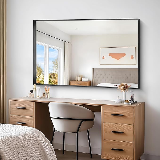 Black Bathroom Mirror, 36x55 Inch Rectangular Deep Frame Mirror, Large Wall Mounted Bathroom Vanity Mirror Over Sink for Bedroom,Restroom, Living Room, Hangs Vertically or Horizontally-StrideForce Fitness