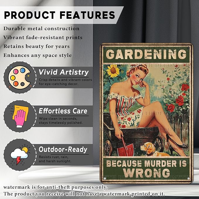 Gardening Because Murder Is Wrong Vintage Metal Tin Sign Rustic Wall Decor Outdoor Garden Art Yard Plaque Retro Home Decor Gift for Women Gardener Lovers 12 * 8inch-StrideForce Fitness