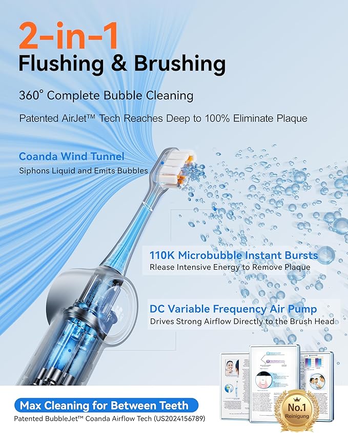 RANVOO AirJet PH3 [Vibrating & Flossing 2-in-1] Bubble Sonic Electric Toothbrush, Plaque Removal, White for Adult Protect Gum Orthodontic Teeth Clean Rechargeable Gift with 2 Soft Brush Heads Grey