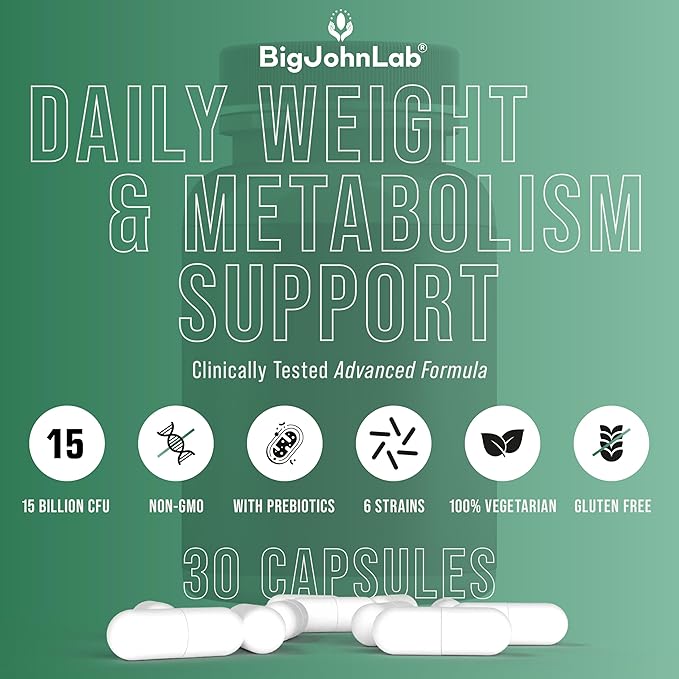 BIGJOHNLAB® - Probiotics for Weight Management & Bloating - 6 Probiotic Strains - Prebiotics - Key Ingredient Cayenne & Green Tea - Supports Gut Health - Weight Management for Women & Men - 30 CT-StrideForce Fitness