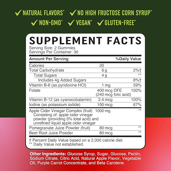 Metabolism Gummies with Apple Cider Vinegar | Energy, Digestion & Lean Body Mass Support | Apple Cider Vinegar Gummies with The Mother, B12 & Folate | Metabolism Support for Women & Men | 60 Ct.-StrideForce Fitness