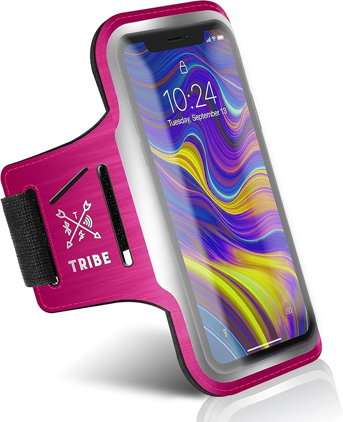 TRIBE Running Phone Holder Armband. iPhone & Galaxy Cell Phone Sports Arm Bands for Women, Men, Runners, Jogging, Walking, Exercise & Gym Workout. Fits All Smartphones. Adjustable Strap, CC/Key Pocket-StrideForce Fitness