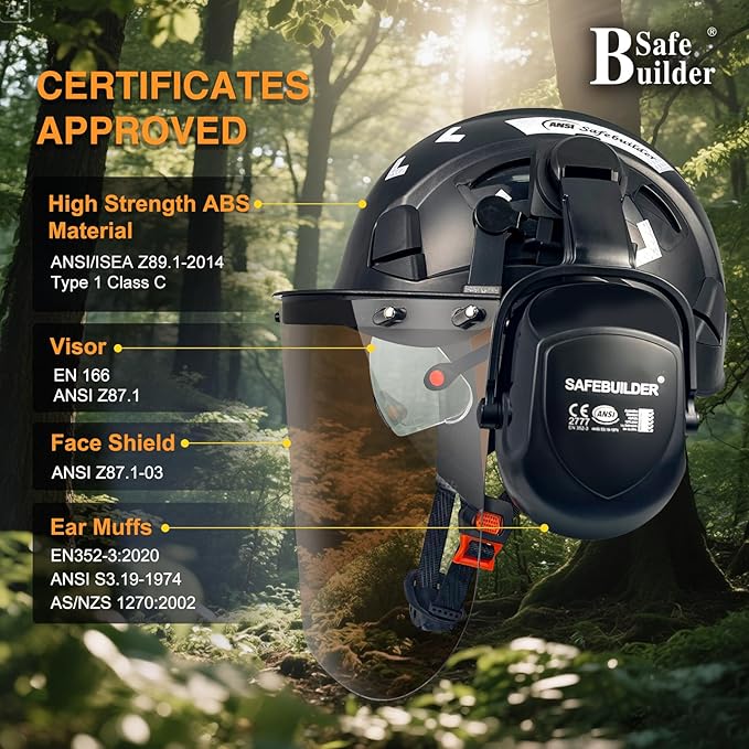 Forestry Safety Helmet with Build-in Visor Mesh Face Shield Ear Muffs 4 in 1 Chainsaw Safety Hard Hats-StrideForce Fitness