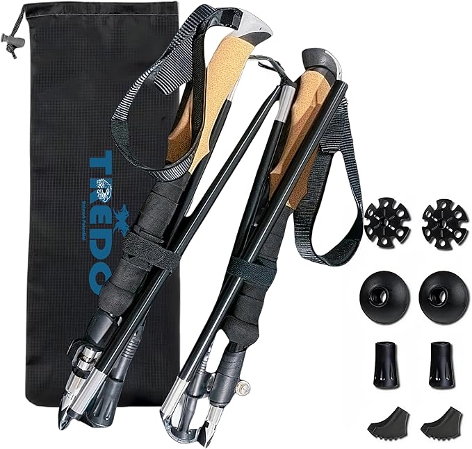 TREDO Premium Collapsible Trekking Poles - Ultralight Aluminum & Carbon Fiber - Adjustable Folding Hiking Poles - Lightweight for Men & Women - Comfortable Cork/EVA Grips - 2pc Set-StrideForce Fitness