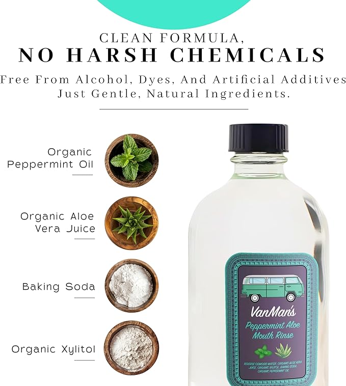 Vanman's - Oral Mouth Care Kit with Powder Toothpaste (2.2 Ounce) and Two Oral Rinse Mouthwash (8.8 Ounce) - Aloe, Mint Remineralizing Mouthwash and Tooth Powder with Coconut Charcoal, Egg Shell