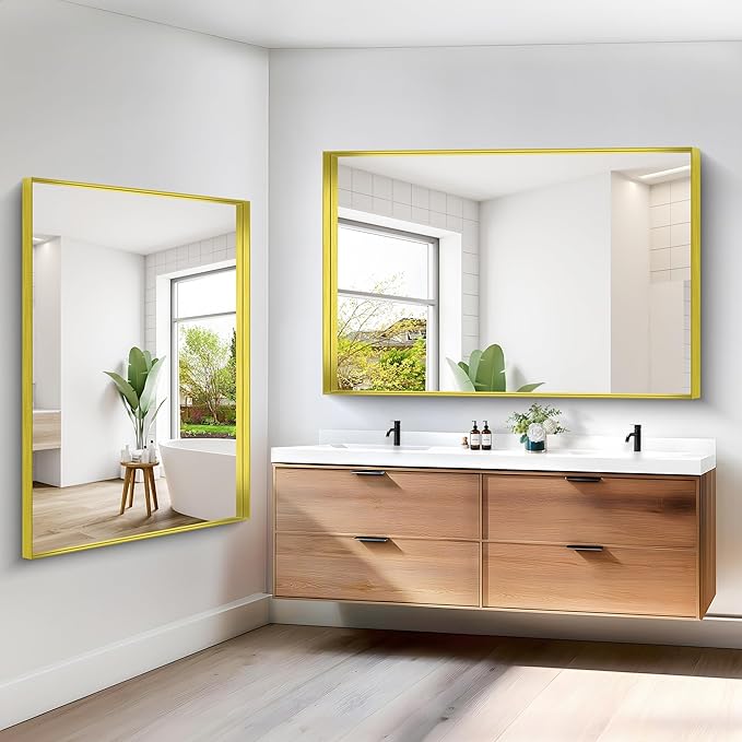 Gold Bathroom Mirror, 60x40 Inch Rectangular Framed Mirror, Large Wall Mounted Bathroom Vanity Mirror Over Sink for Bedroom,Restroom, Living Room, Hangs Vertically or Horizontally-StrideForce Fitness