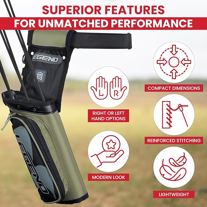 Legend XT420 Field Quiver - Left or Right-Handed Quiver Arrow Holder, Archery Quiver with 3 Arrow Tube, Durable Nylon Hip Quivers with Multiple Pockets for Archery Accessories, Score Card & Tools-StrideForce Fitness