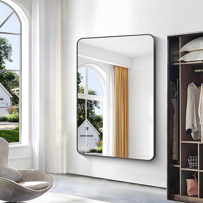 Black Bathroom Mirror,60x40 inch Wall Mirror for Bathroom Wall Mounted,Rectangle Mirror for Bathroom Over Sink,Modern Frame Round Corner for Living Room,Bedroom Entryway,Horizontal/Vertical-StrideForce Fitness