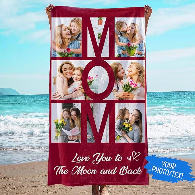 JML Mothers Day Birthday Gifts for Mom from Daughter Son, Personalized Beach Towel with Photo, Custom Beach Towel Gift for Mommy, Grandma, Women, Wife Anniversary Family Day, Summer, Holiday-StrideForce Fitness