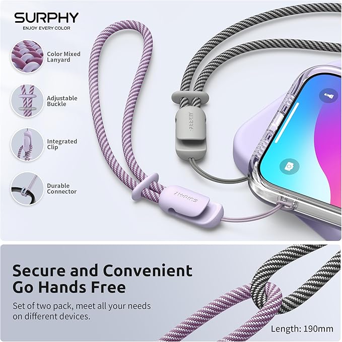 SURPHY 2 Pack Phone Lanyard for Cellphone Case, Phone Wrist Strap for Case, Cellphone Strap with 2-Color Braided, Charm Wrist Lanyard for Women and Men, Lilac & Gray