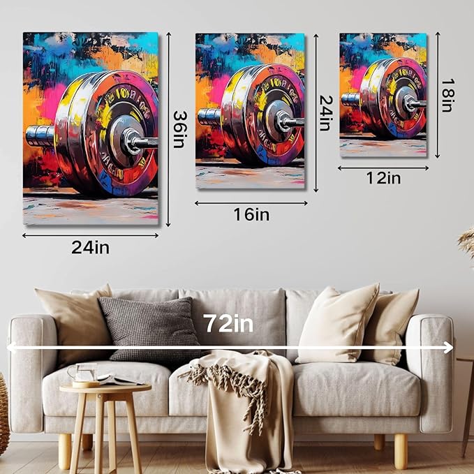 sawjug Gym Barbell Wall Decor, Colorful Graffiti Canvas Wall Art, Gym Motivational Wall Art, Colorful Pictures Wall Decor, Wall Painting for Living Room, Bedroom (16" x 24" x 3 pcs)-StrideForce Fitness