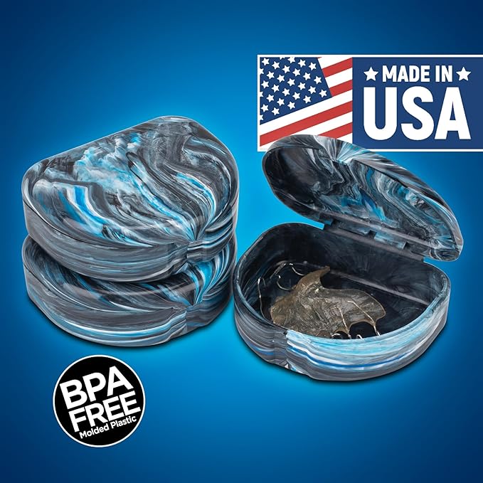 Practicon Marble Retainer Cases, Orthodontic Aligner Case, Mouth Guard Holder (3 Pack) (Black & Blue)