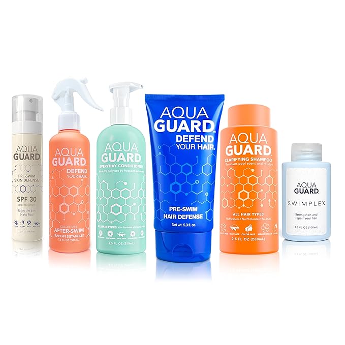 AQUA GUARD Swim Hair Rescue Bundle | Pre-Swim Protection & Post-Swim Repair Kit | Includes Hair Defense, Shampoo, Conditioner, Detangler, Hair Mask & SPF Skin Defense | Chlorine Care For Swimmers-StrideForce Fitness