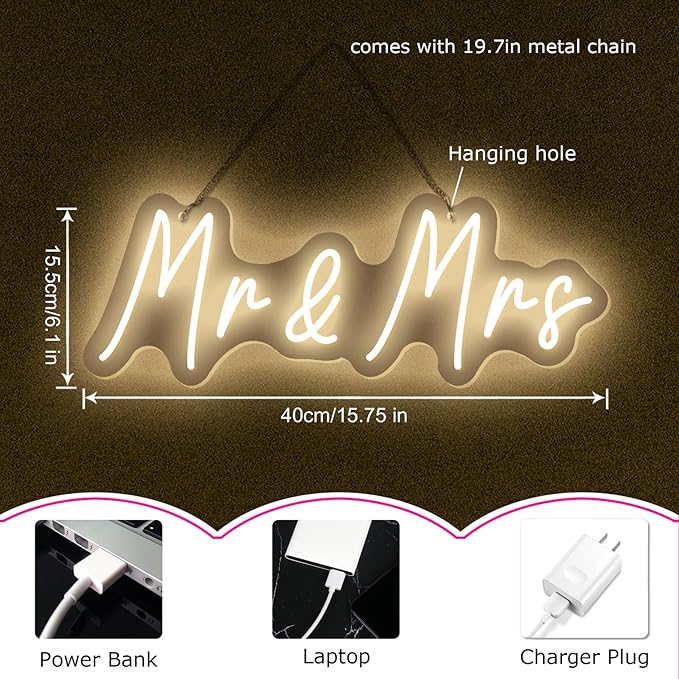 Mr&Mrs LED Neon Sign Wedding & Reception Decor Illuminating Wall Art New Couples Gift Cool LED Sign with 5V Power Supply-StrideForce Fitness