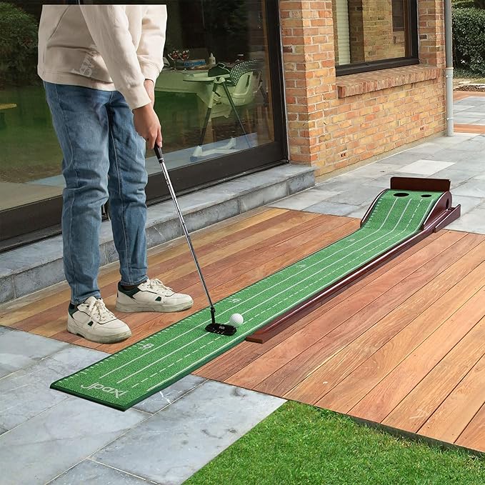 Golf Putting Mat with Ball Return - Putting Green Indoor Featuring 9ft Non-Slip Velvet Surface for Indoor & Outdoor - Smooth, Skip-Free Walnut Ball Return System - Golf Practice Mat for Backyard-StrideForce Fitness