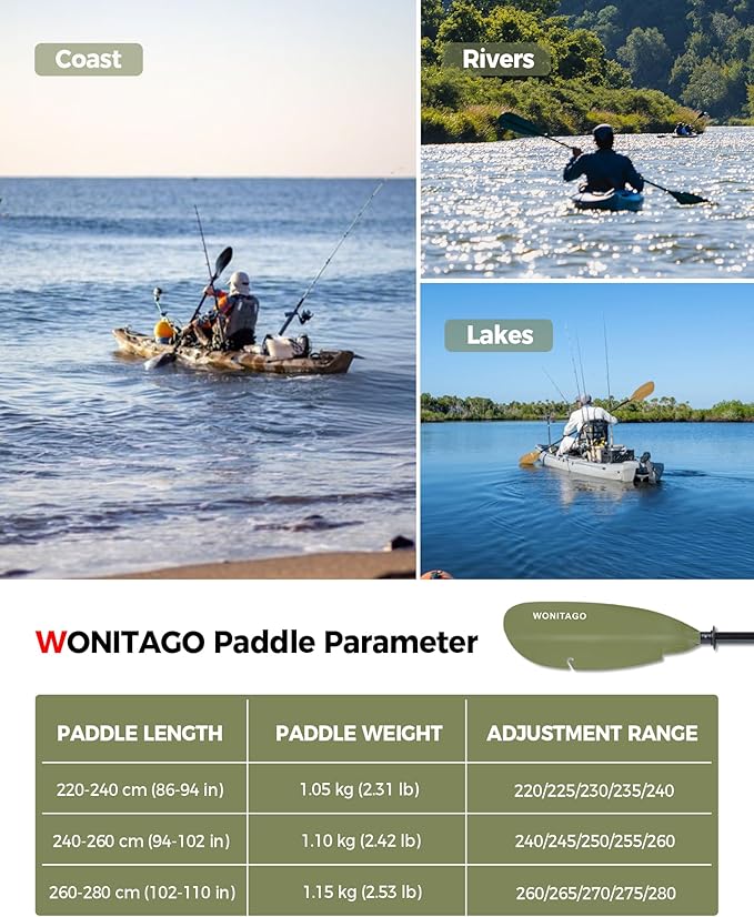 Angler Kayak Paddle with Fiberglass Shaft and Plastic Blade, Floating Adjustable Fihsing Kayak Oar, 220-240 cm/86-94", 240-260 cm/94-102", 260-280 cm/102-110"-StrideForce Fitness