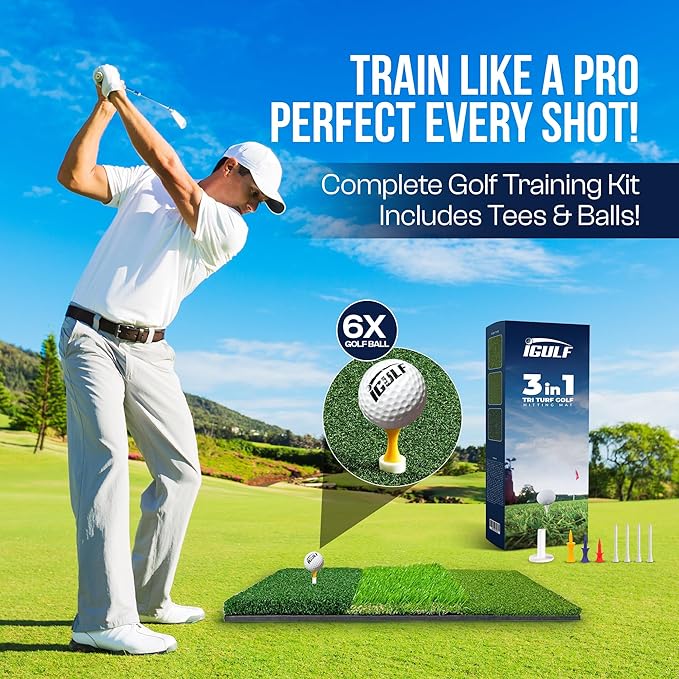 Tri-Turf 3-in-1 Golf Hitting Mat - XL 24"x24" Foldable Practice Pad w/Adjustable Tees, Non-Slip EVA Foam Base, Indoor & Outdoor Use for Chipping, Driving, Swing Training, Backyard or Garage-StrideForce Fitness