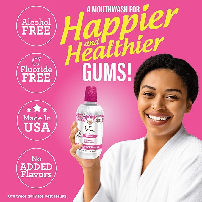 GuruNanda Alcohol-Free Mouthwash, Unflavored & Unsweetened, Gentle on Sensitive Mouths, 12-Hour Fresh Breath, No Artificial Additives, Made in The USA, 33.8oz
