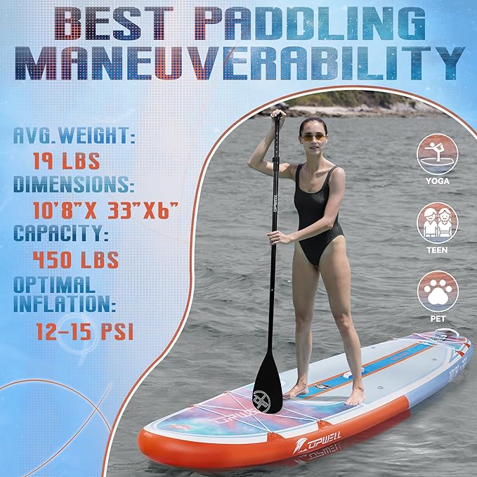 UPWELL 11’6”/11'2”/11'/10'8”/10'6”/10'2” Inflatable Stand Up Paddle Board with sup Accessories Including Backpack, Repairing Kits, Non-Slip Deck, Leash, 3 Fins, Paddle and Hand Pump-StrideForce Fitness