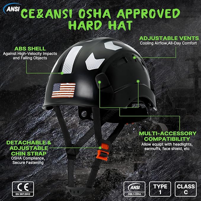 AOLAMEGS Construction Safety Hard Hat - ANSI Z89.1 Type Ι OSHA Approved Safety Helmets with Chin Straps Lightweight Reflective Vented ABS Hard Hats For Men Women Industrial Workwear 6-point Suspension-StrideForce Fitness