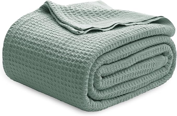 Bedsure 100% Cotton Blanket Queen Size for Bed - Breathable and Soft, Waffle Weave Blanket for Summer, Thick Cozy Fall Blankets for Women Gift, Sage Green, 90x90 Inches-StrideForce Fitness