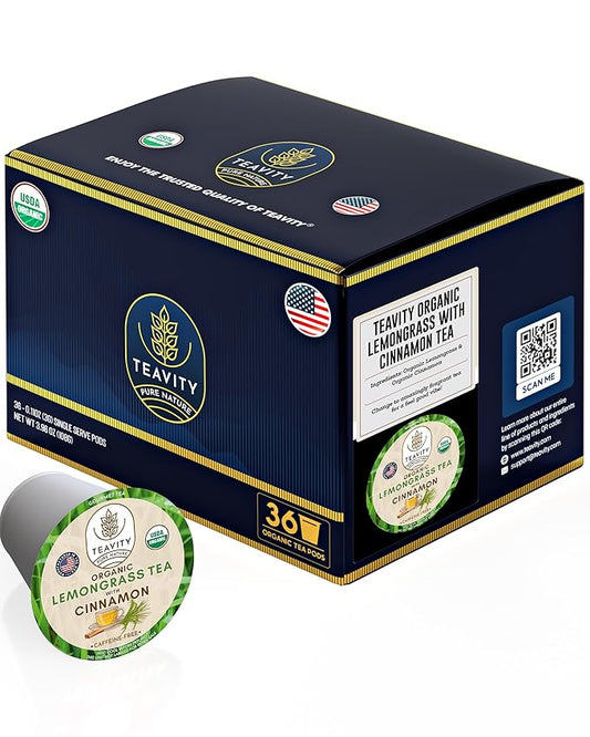 Teavity Organic Lemongrass and Cinnamon Tea Pods for Keurig - Naturally Decaffeinated Herbal Tea Blend (36 Pods)