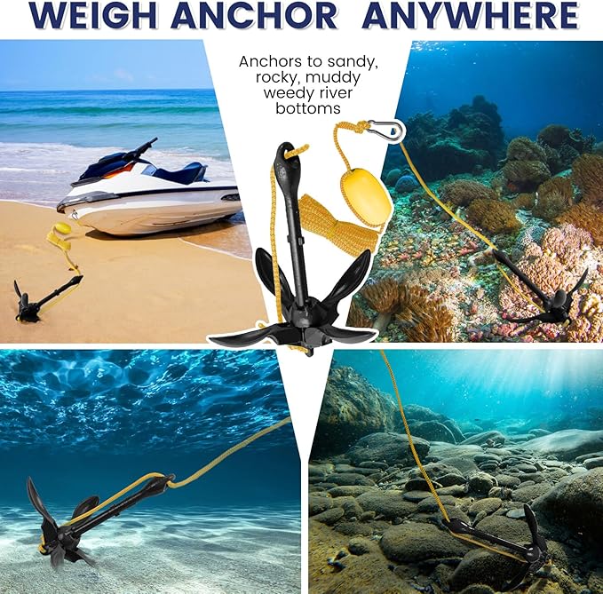 Dreizack Kayak Anchor Kit, 3.5 lb Folding Grapnel Boat Anchor Trolley Accessories with 40ft Rope and PVC Buoy for Fishing Kayaks SUP Paddle Boards Canoes Jet Ski PWC Inflatable Small Boats-StrideForce Fitness