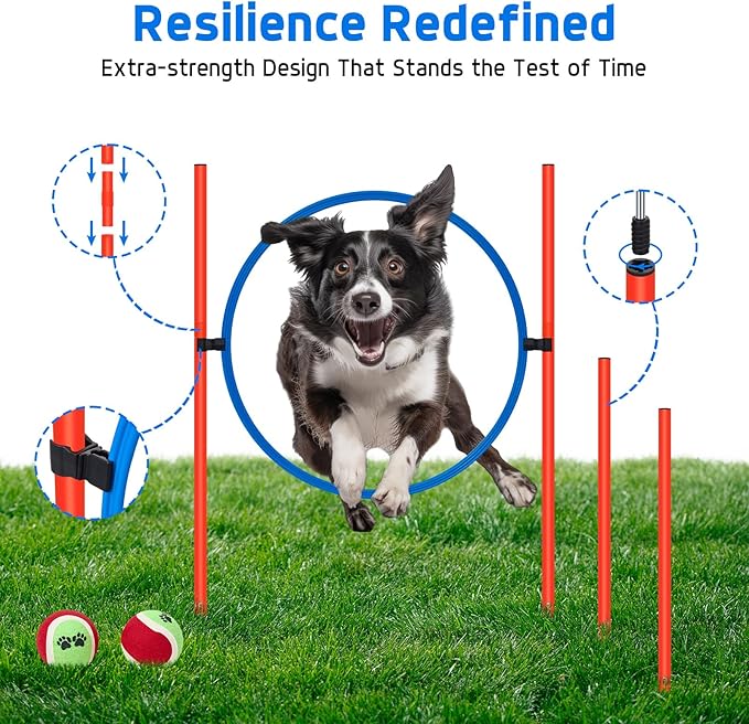 Polar Aurora Dog Agility Equipment, Dog Obstacle Courses Backyard - Pet Outdoor Games w/Adjustable High Jump, Agility Weave Poles, Tunnel, Jumping Ring, Pause Box, 2 Balls,Whistle and Carrying Bag-StrideForce Fitness