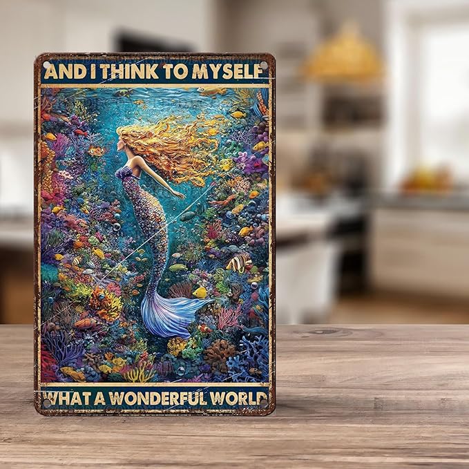 Retro Mermaid Tin Sign And I Think to Myself What a Wonderful World Vintage Metal Poster Funny Wall Art Toilet Bathroom Man Cave Bar Cafe Indoor Room Garage 12 * 8inch-StrideForce Fitness