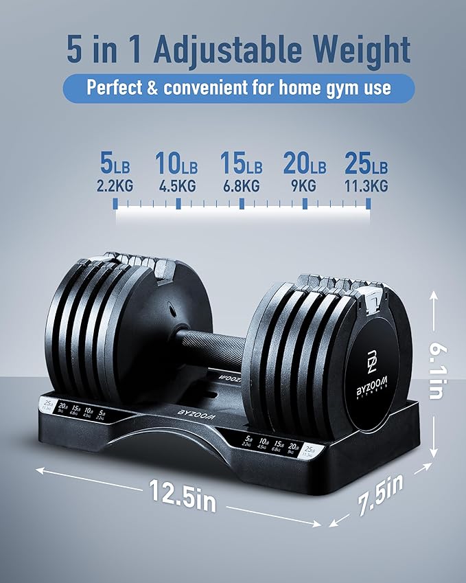 Adjustable Dumbbell – 12.5/25lb Single Unit OR Set of 2 – 5-in-1 Adjustable Weight for Home Gym, Strength Training & Fitness Workouts, White OR Black-StrideForce Fitness
