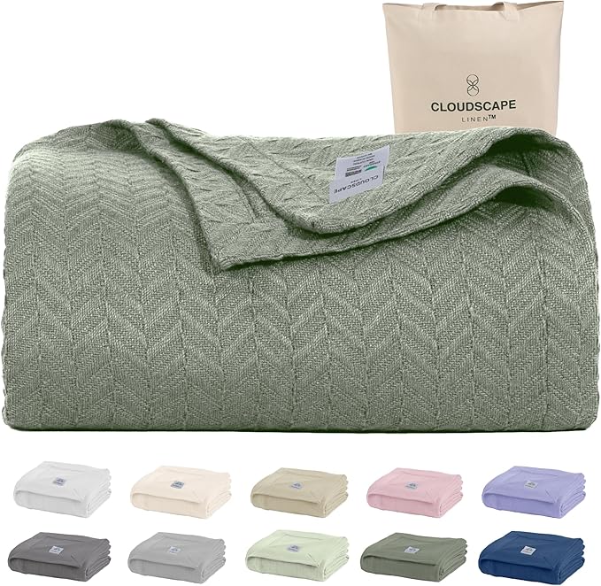 Cloud Scape Linen Herringbone Cotton Throw Blanket for Couch, Bed,Sofa, Home Decor, Soft, Lightweight, All-Season Bed Blanket, 50 x 70, Olive Green-StrideForce Fitness