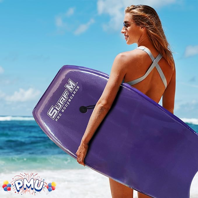 PMU 33 Inch Purple Bodyboard - Lightweight Wrist Leash, Slick Bottom Boards for Beach, Sea & Pool - Surfing Board for Kids, Teens & Adults Wave Conditions Pkg/1-StrideForce Fitness