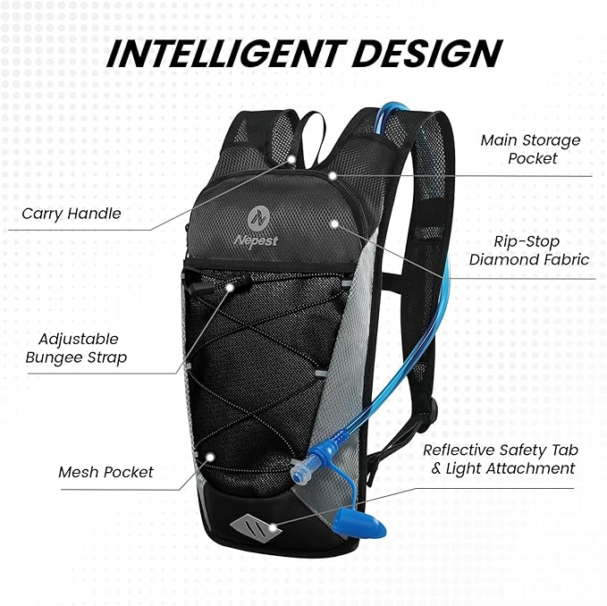 Nepest Hydration Backpack with 2L Water Bladder for Cycling, Water Backpack for Hiking Running, Lightweight Hydration Pack, Grey-StrideForce Fitness