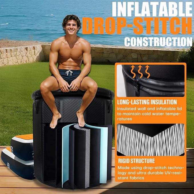 Inflatable Ice Bath Tub for Athletes, Cold Plunge Recovery Tub with Non-Slip Step, Insulated Lid, EVA Groundsheet, Backpack, 115 Gallon Capacity, 39" x 39" x 35.4", Portable Durable Design-StrideForce Fitness
