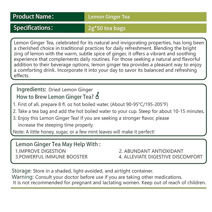 Samcci - Lemon Ginger Tea Bags, 50 Teabags - Great Hot or Iced – Aromatic, Natural, Pleasantly Spicy & Warming - Non-GMO - Caffeine-free - Support Healthy Digestion & Boost Immunity-StrideForce Fitness