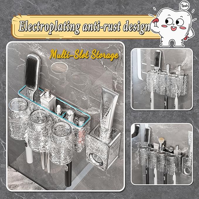 Toothbrush Holders Combo Set for Bathroom，4 Cups Toothbrush Holder Wall Mounted with Organizer，Gift 4 Count Ultra Fine Soft Bristle Crystal Tooth Brush and Wall Mounted Toothpaste Squeezer
