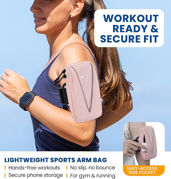 HiRui Cell Phone Holder Arm Bag & Wrist Bag for Phone, Sports Running Armband for Gym & Cycling, Compatible with iPhone 16/16Pro/Plus/15/14 Samsung Galaxy All Phones, Reflective & Adjustable (Pink)-StrideForce Fitness