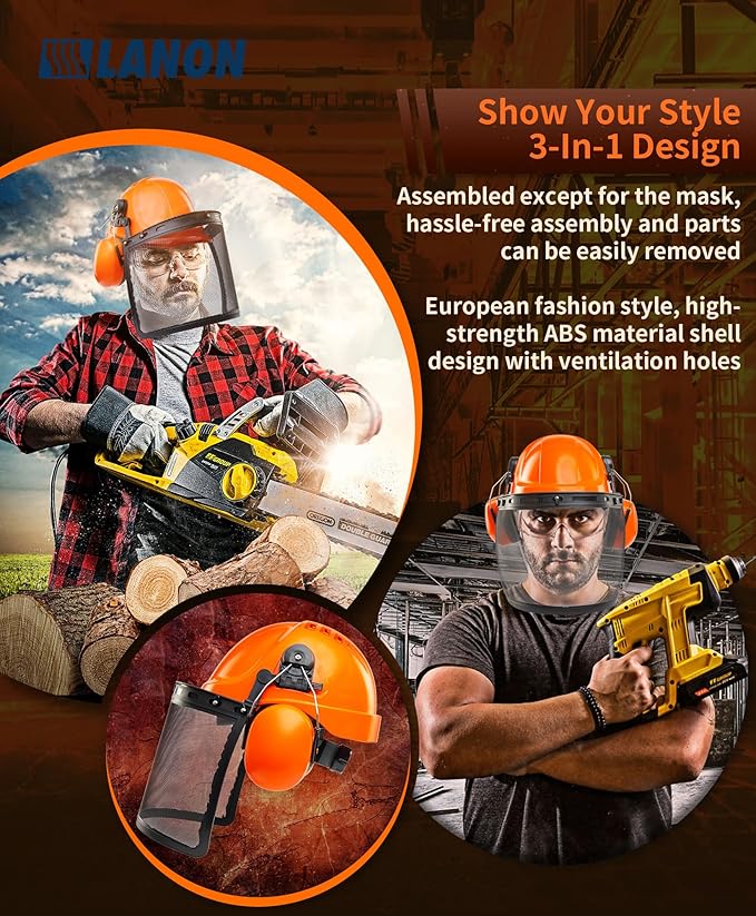 LANON Industrial Forestry Safety Helmet Protection System, ANSI Approved Chainsaw Hard Hats with Adjustable Ear Muffs & Face Shield Visor, 6 Point Adjustable Ratchet Suspension, Class C, Orange-StrideForce Fitness