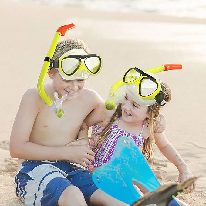 GreenLF Kids Snorkel Set, Anti-Fog Snorkeling Mask with Nose Covers for Youth Junior Child, Boys & Girls Age 5-12, Semi-Dry Diving Scuba Swimming Goggles Gear Packages-StrideForce Fitness